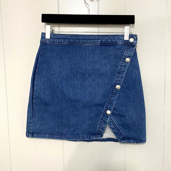 Free People Blue Indigo Button-front Asymmetrical Notched Denim Mini Skirt 4 - Picture 3 of 9